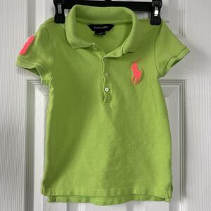 Polo Ralph Lauren Girls Kids Polo Shirt Size 6, Bright Green with Pink Logo